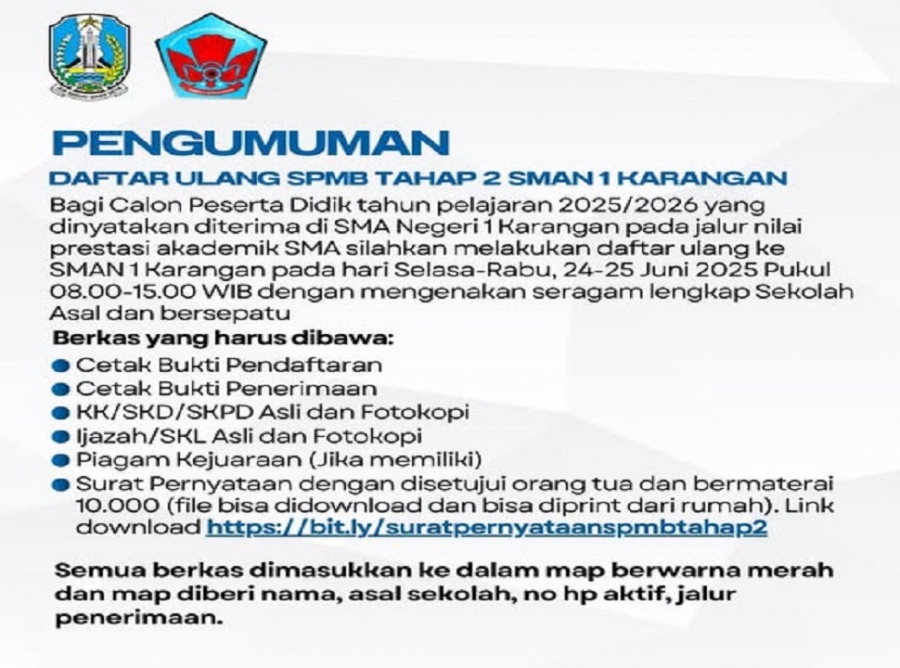 PENGUMUMAN DAFTAR ULANG SPMB TAHAP 2 SMANESKA 2025
