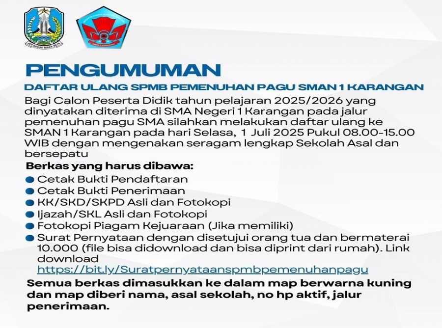 PENGUMUMAN DAFTAR ULANG SPMB TAHAP PEMENUHAN PAGU